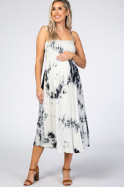 White Black Tie Dye Smocked Maternity Midi Dress