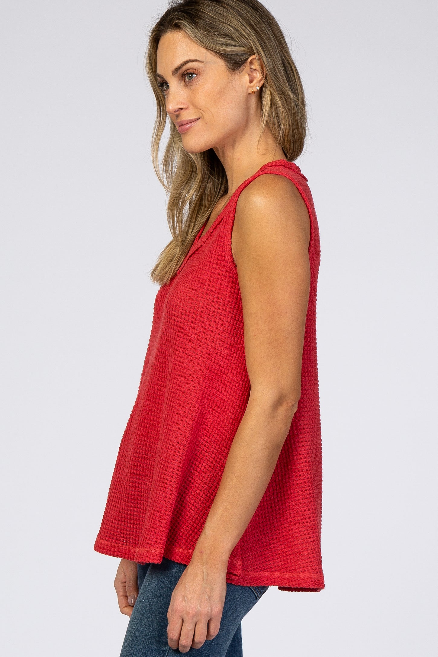 Coral Waffle Knit V-Neck Top