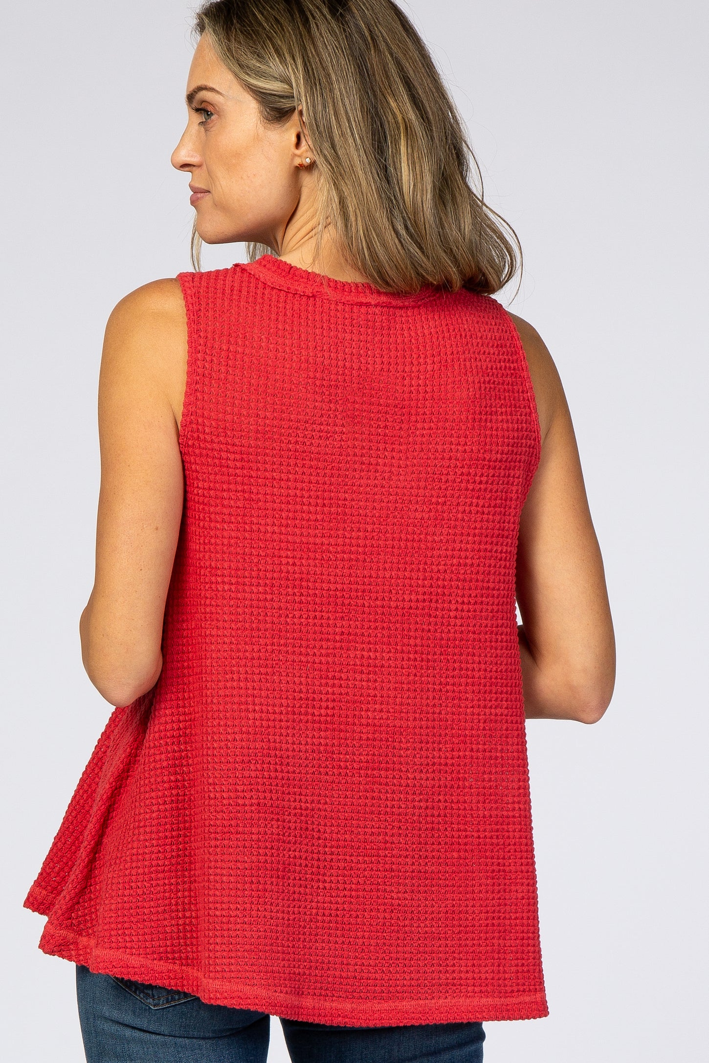 Coral Waffle Knit V-Neck Top