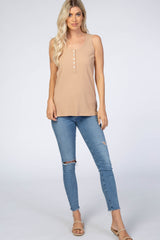 Taupe Ribbed Button Front Tank Top