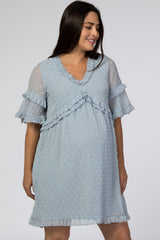 Light Blue Chiffon Swiss Dot Ruffle Maternity Dress
