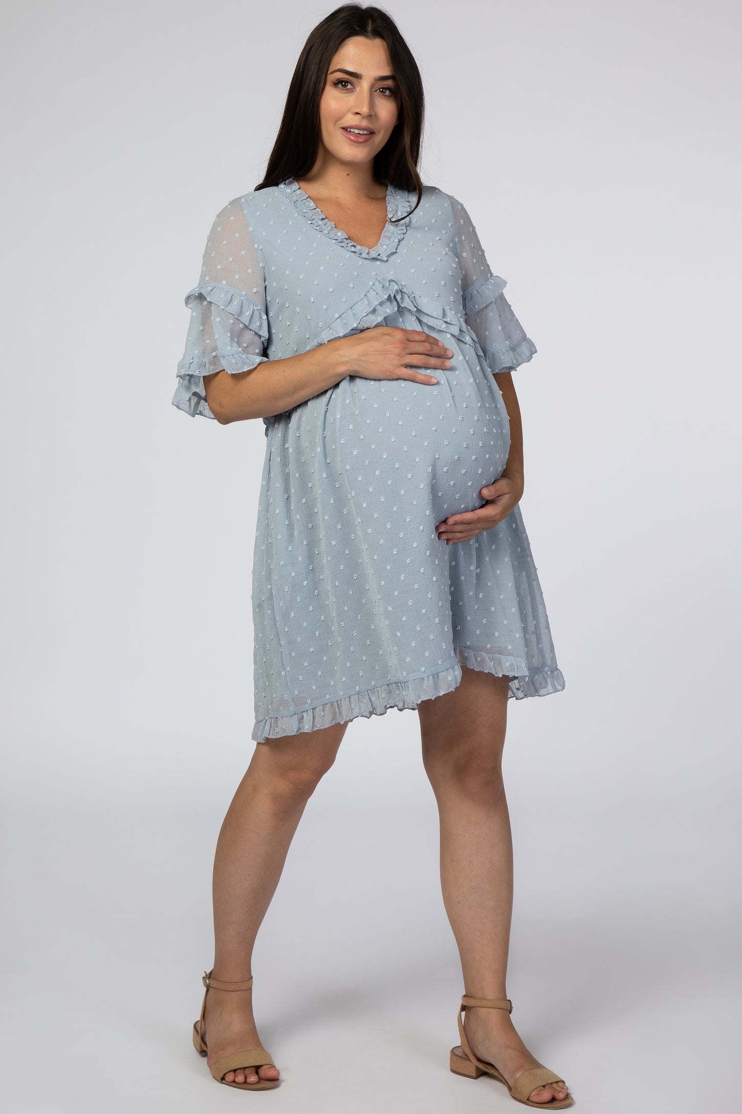 Light Blue Chiffon Swiss Dot Ruffle Maternity Dress