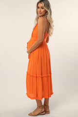 Orange Front Button Ruffle Tiered Hem Maternity Midi Dress