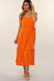 Orange Front Button Ruffle Tiered Hem Midi Dress