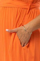 Orange Front Button Ruffle Tiered Hem Maternity Midi Dress