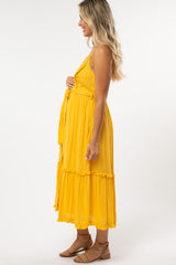 Yellow Front Button Ruffle Tiered Hem Maternity Midi Dress