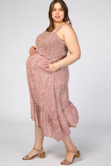 Mauve Dot Print Smocked Maternity Plus Midi Dress