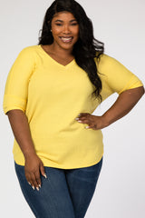 Yellow V-Neck Waffle Knit Plus Top