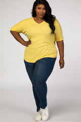 Yellow V-Neck Waffle Knit Plus Top