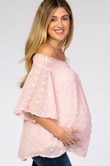 Light Pink Textured Dot Smocked Off Shoulder Chiffon Maternity Blouse