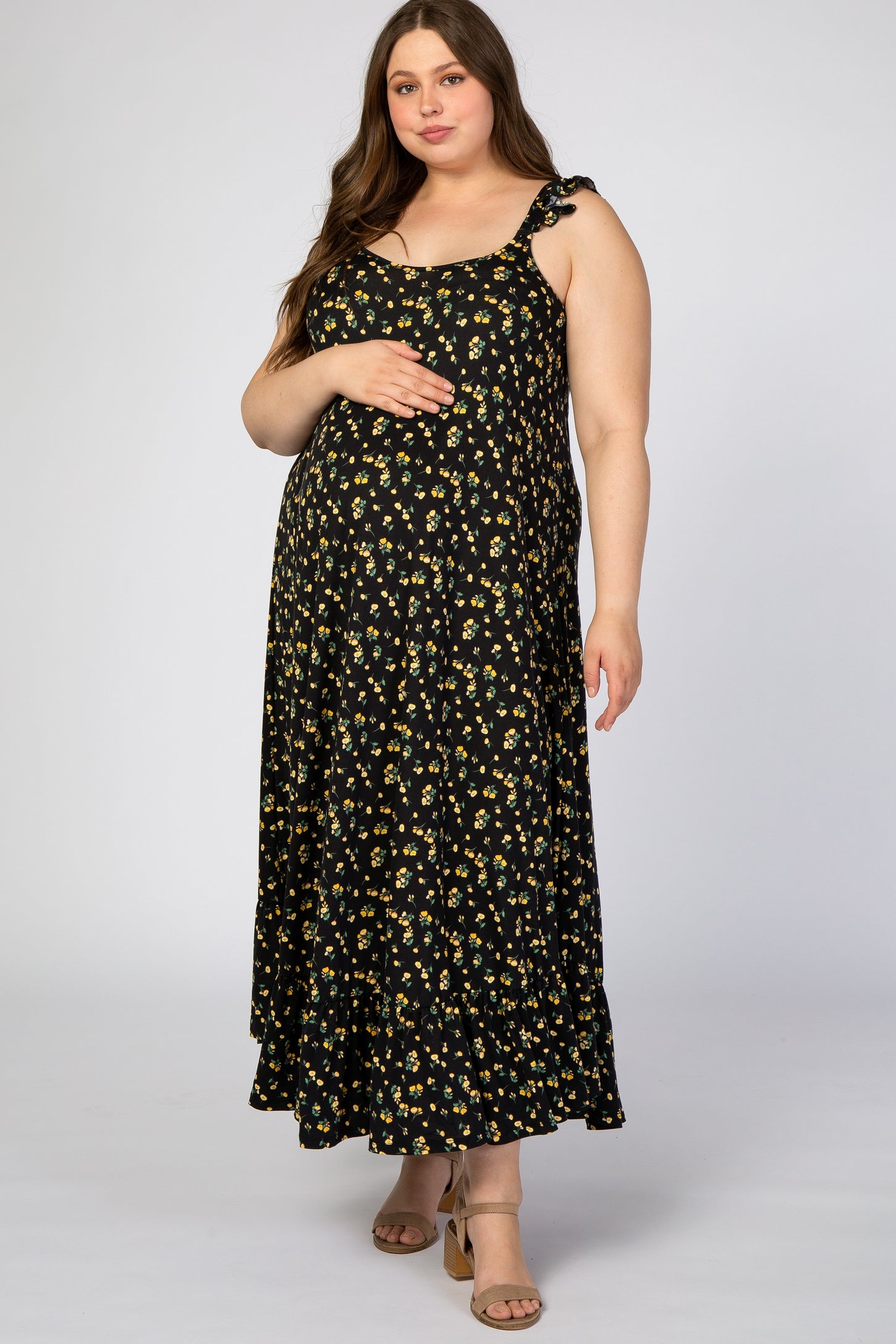 Black Floral Ruffle Strap Maternity Plus Maxi Dress– PinkBlush