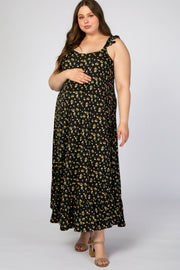 Black Floral Ruffle Strap Maternity Plus Maxi Dress