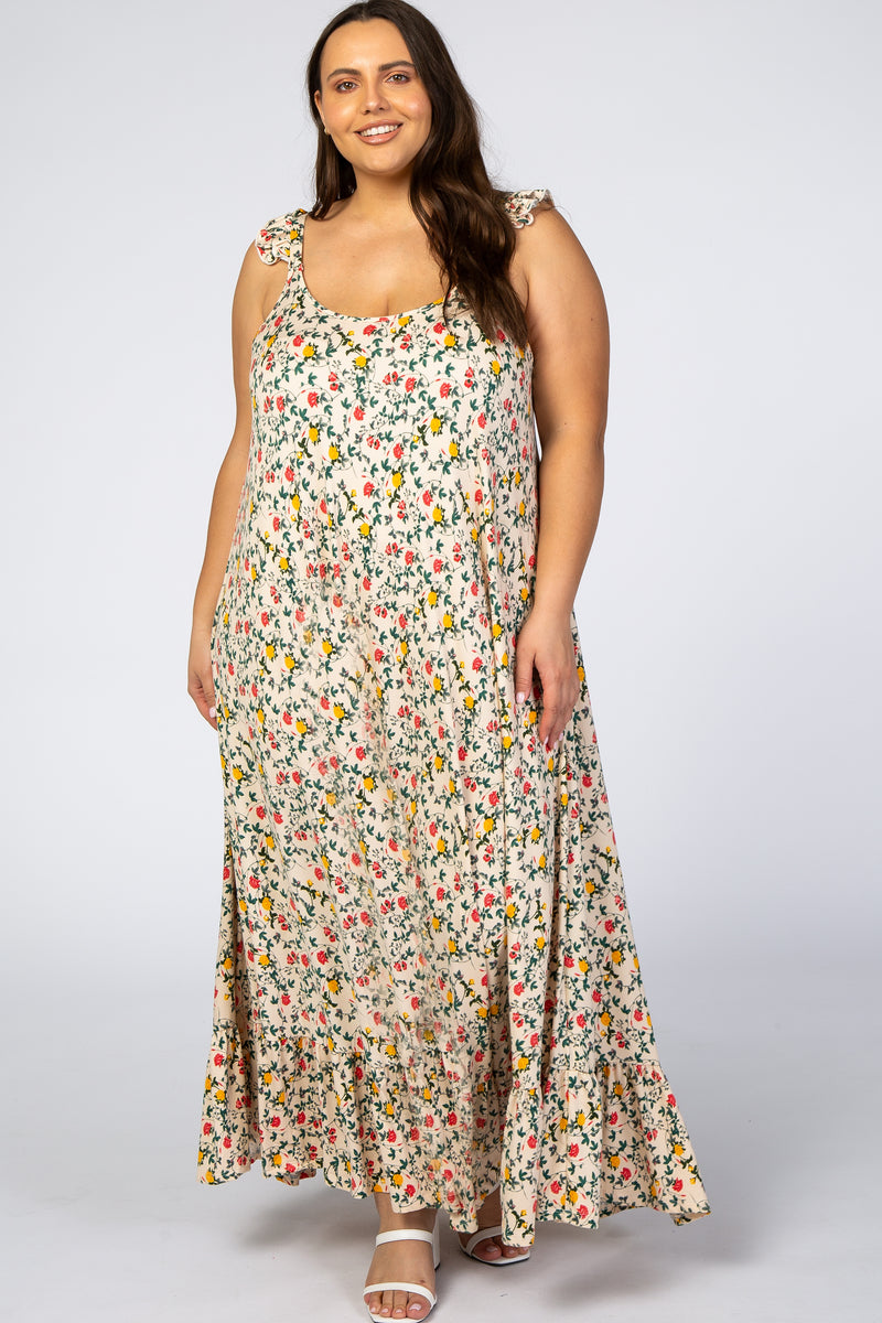 Ivory Floral Ruffle Strap Plus Maxi Dress– PinkBlush