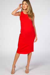 Red Ribbed Sleeveless Maternity Midi Dress