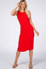 Red Ribbed Sleeveless Maternity Midi Dress