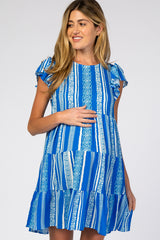 Royal Blue Multi-Printed Tiered Maternity Dress