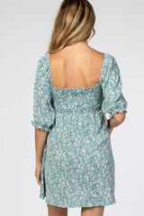 Teal Floral Puff Sleeve Maternity Dress