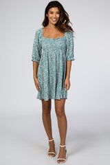 Teal Floral Puff Sleeve Maternity Dress