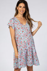 Aqua Floral Pleated Tier Babydoll Maternity Dress