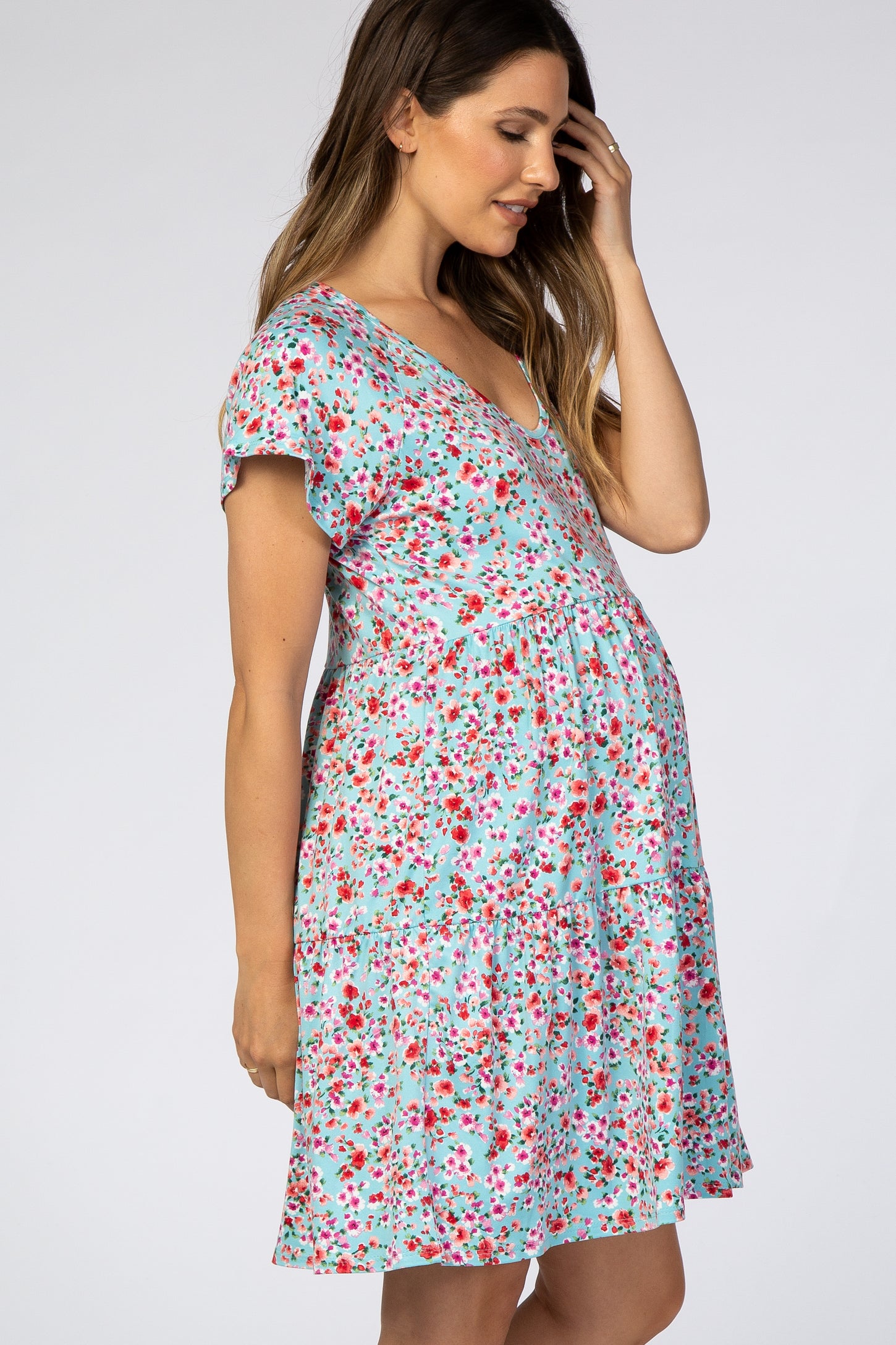 Aqua Floral Pleated Tier Babydoll Maternity Dress– PinkBlush