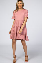 Pink Tiered Short Sleeve Maternity Dress