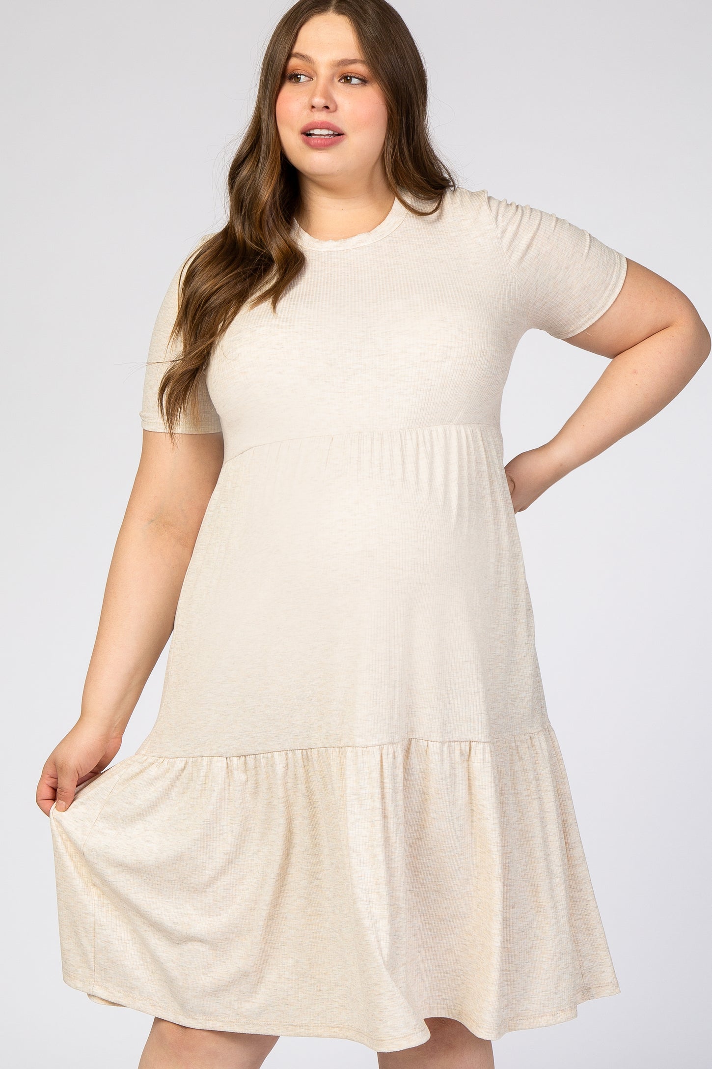 Beige Ribbed Tiered Maternity Plus Dress
