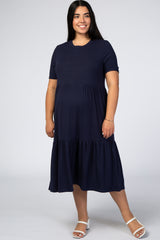 Navy Blue Ribbed Tiered Maternity Plus Dress