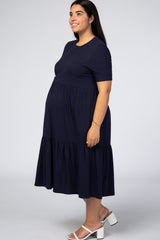Navy Blue Ribbed Tiered Maternity Plus Dress