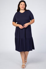 Navy Blue Ribbed Tiered Plus Dress