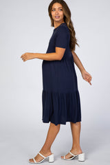 Navy Blue Ribbed Tiered Maternity Dress