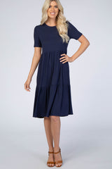 Navy Blue Ribbed Tiered Maternity Dress