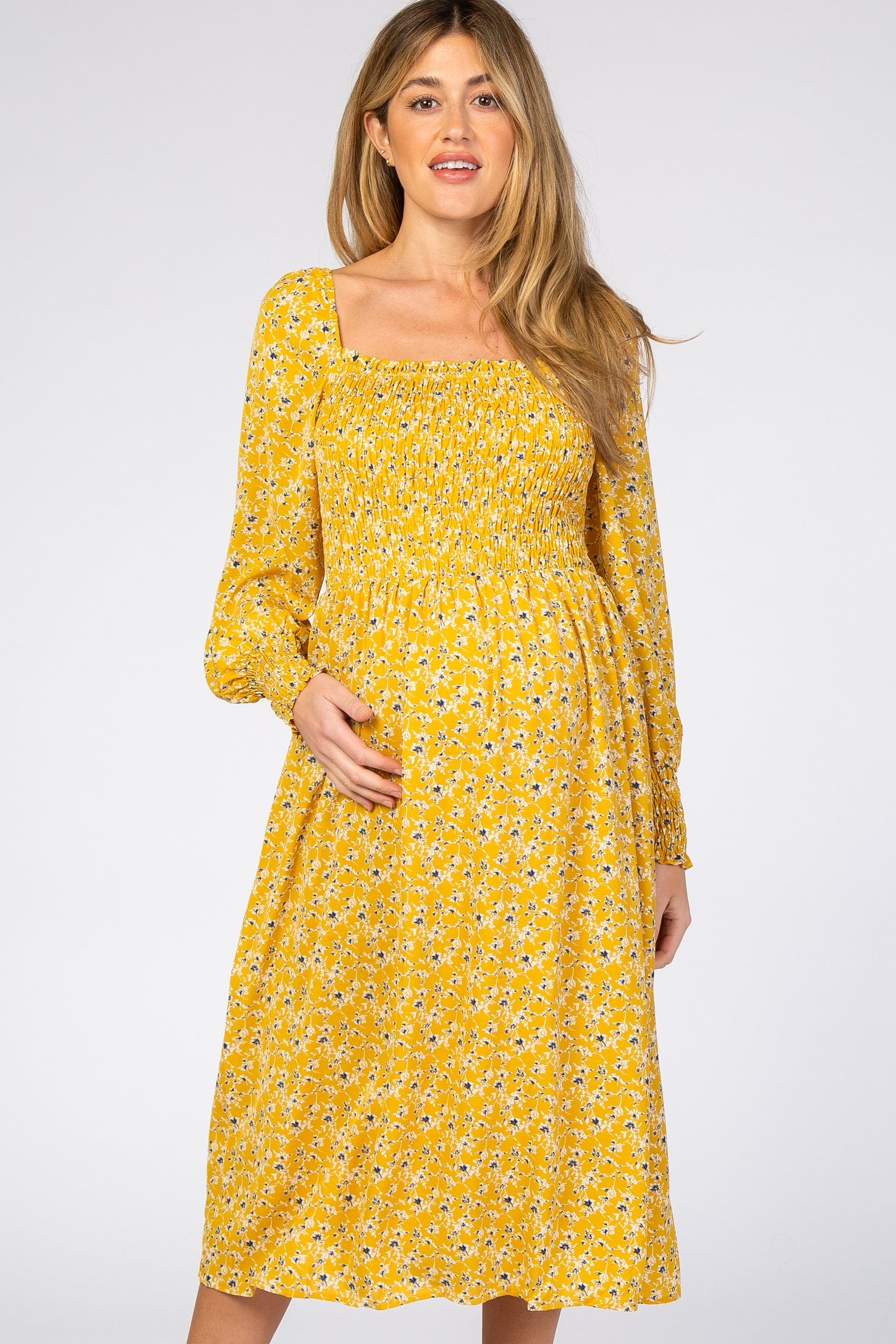 Yellow Floral Smocked Bubble Sleeve Maternity Midi Dress