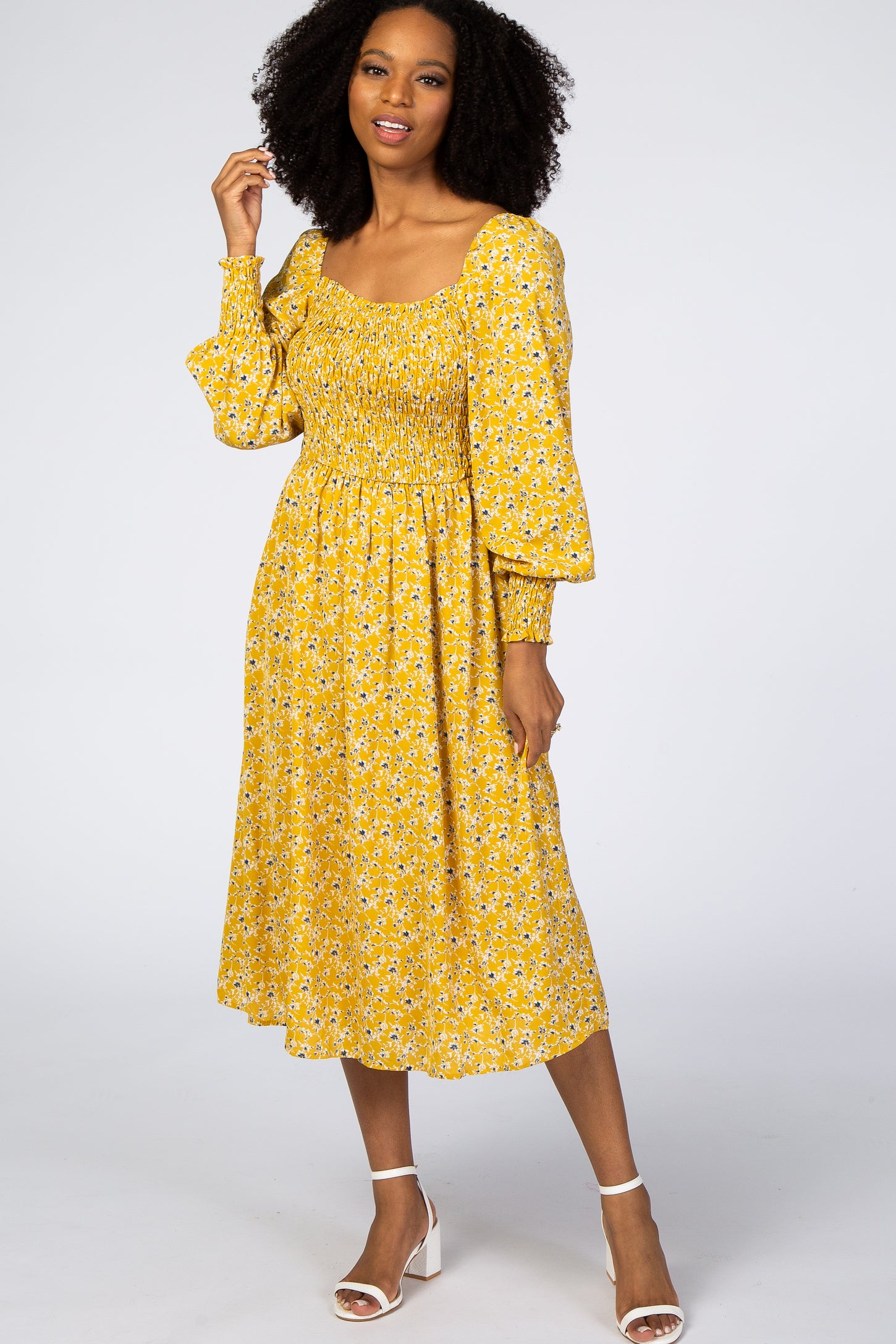Yellow Floral Smocked Bubble Sleeve Midi Dress Yellow Floral Smocked Bubble Sleeve Midi Dress