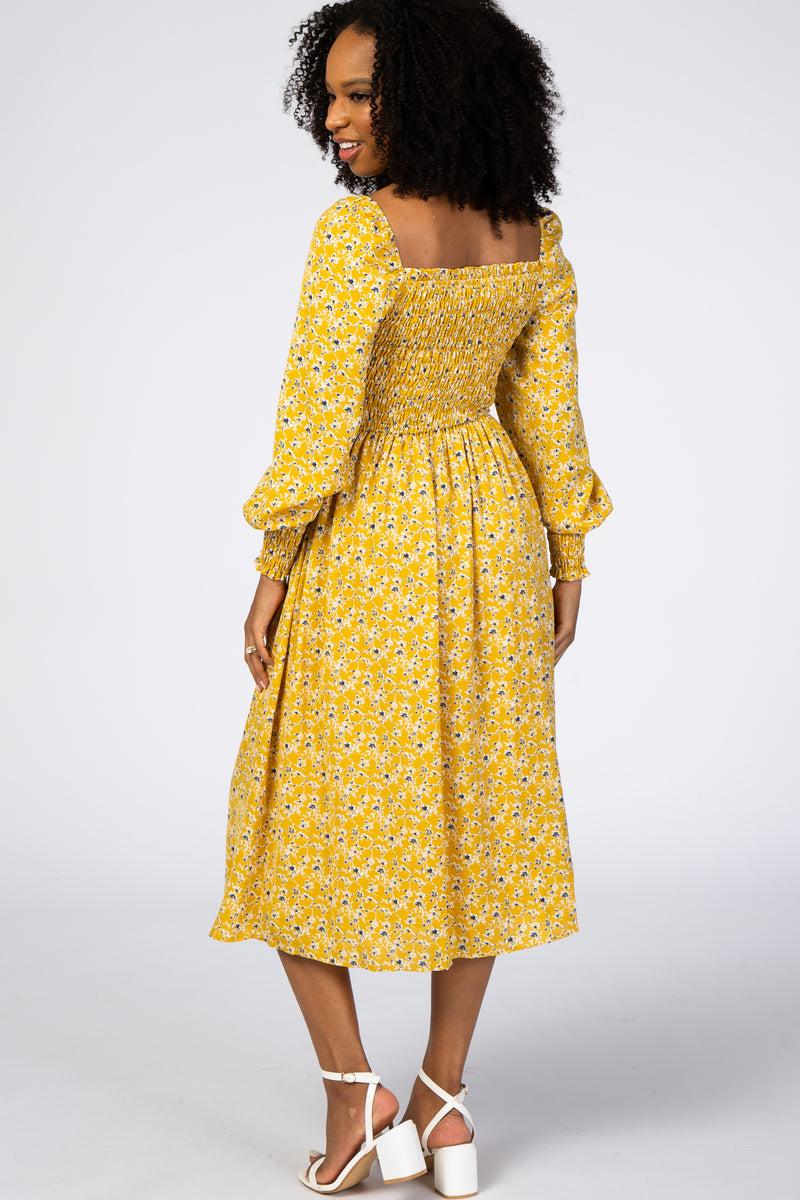 Yellow Floral Smocked Bubble Sleeve Midi Dress – PinkBlush