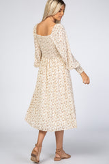 Cream Floral Smocked Bubble Sleeve Midi Dress