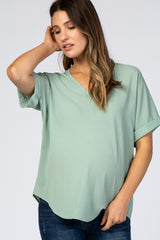 Mint Green V-Neck Short Sleeve Maternity Blouse