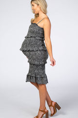 Black Printed Tiered Ruffle Fitted Maternity Dress