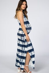 Navy Blue Tie Dye Side Slit Maternity Maxi Dress