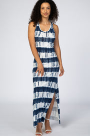 Navy Blue Tie Dye Side Slit Maxi Dress