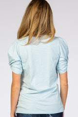 Light Blue Short Twisted Sleeve Round Neck Maternity Top