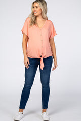 Peach Tie Front Short Sleeve Maternity Top