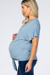 Light Blue Tie Front Short Sleeve Maternity Top