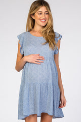 Blue Dotted Ruffle Sleeve Back Cutout Maternity Dress