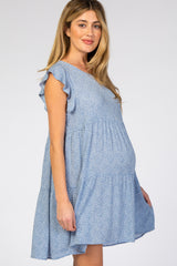 Blue Dotted Ruffle Sleeve Back Cutout Maternity Dress