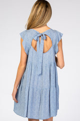 Blue Dotted Ruffle Sleeve Back Cutout Maternity Dress