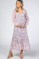 Grey Floral Chiffon Swiss Dot Maternity Maxi Dress