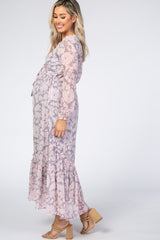 Grey Floral Chiffon Swiss Dot Maternity Maxi Dress