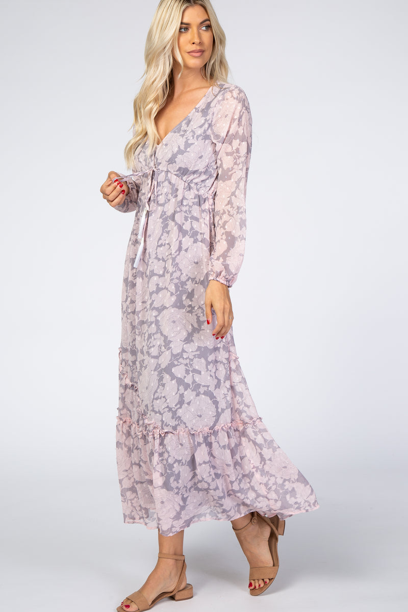 Grey Floral Chiffon Swiss Dot Maxi Dress – PinkBlush