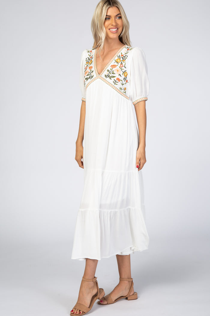 Ivory Floral Embroidered Midi Dress