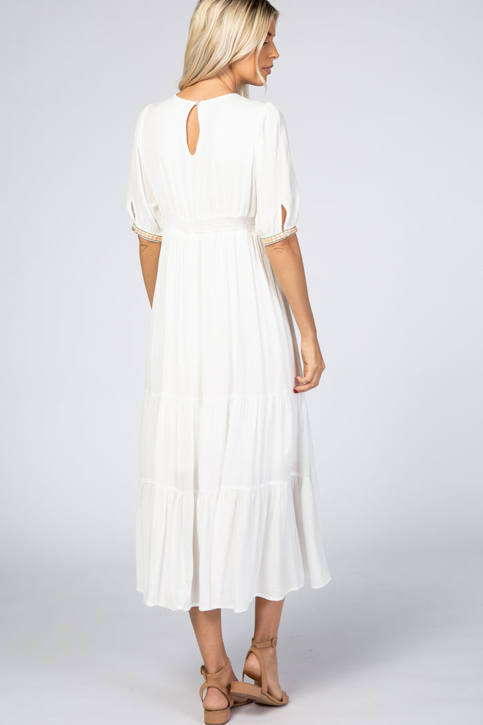 Ivory Floral Embroidered Midi Dress